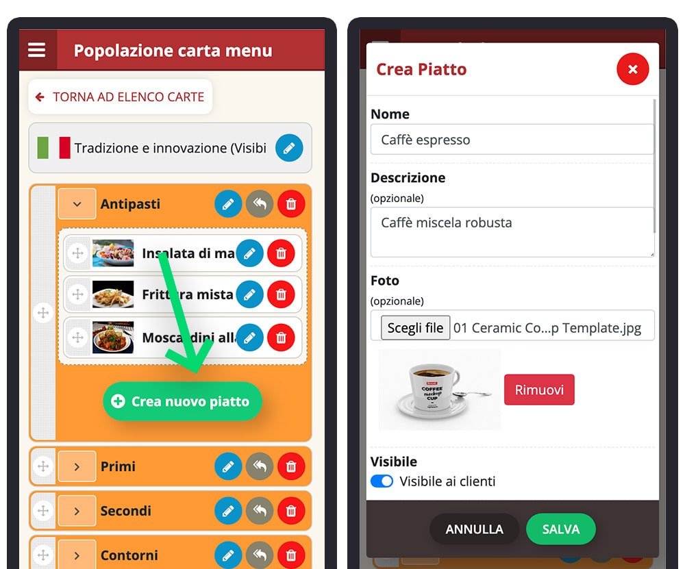 esempio creazione piatto menu digitale bar