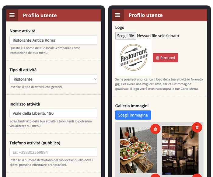 crea profilo attivita menu digitale