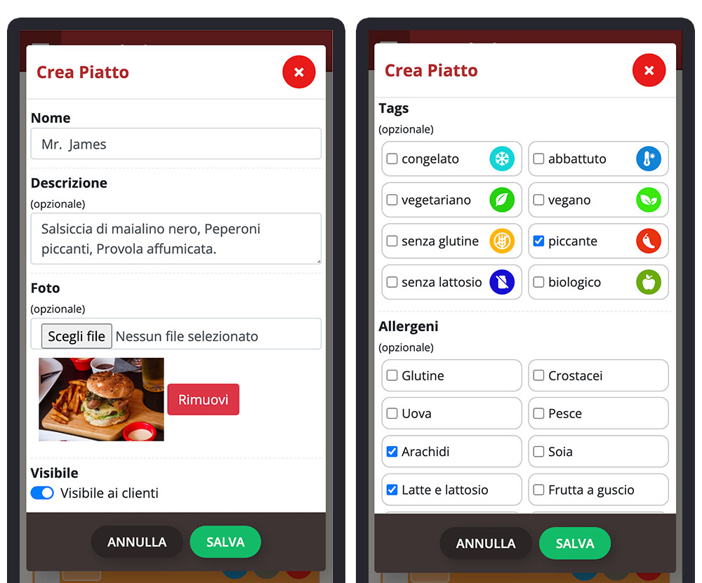 creare un piatto per il menu digitale